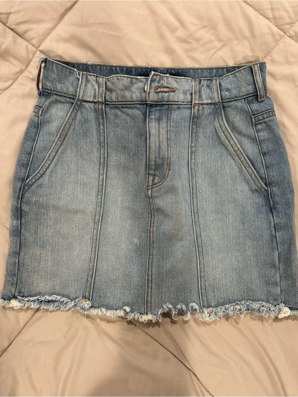 Express Light Blue Denim Mini Skirt with Frayed Hem